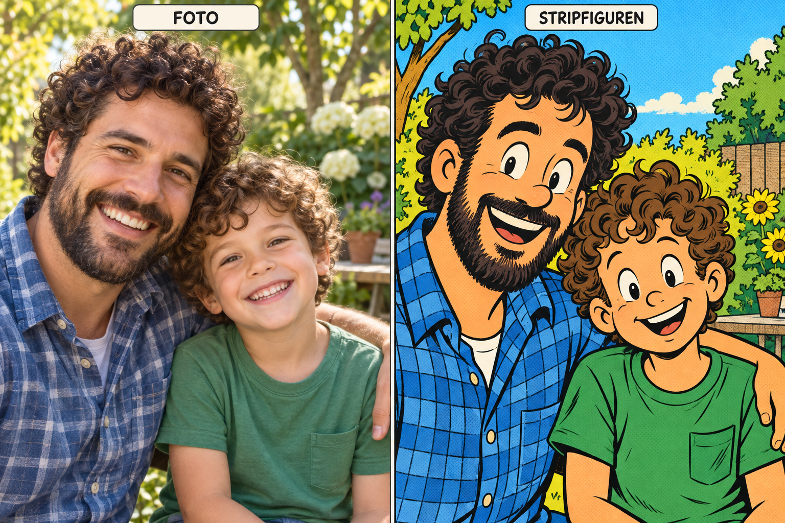 Fictieve demonstratie: vader en zoon als fotorealistische personen en als vrolijke stripfiguren