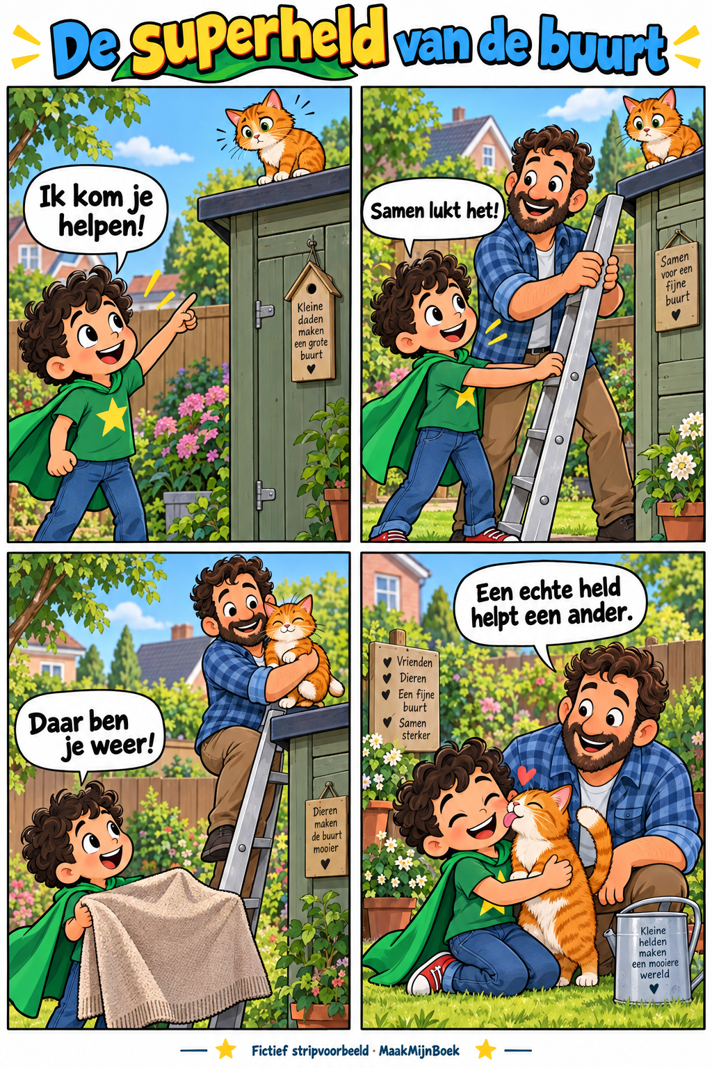 Vier strippanelen: een jongen en zijn vader redden samen een kat