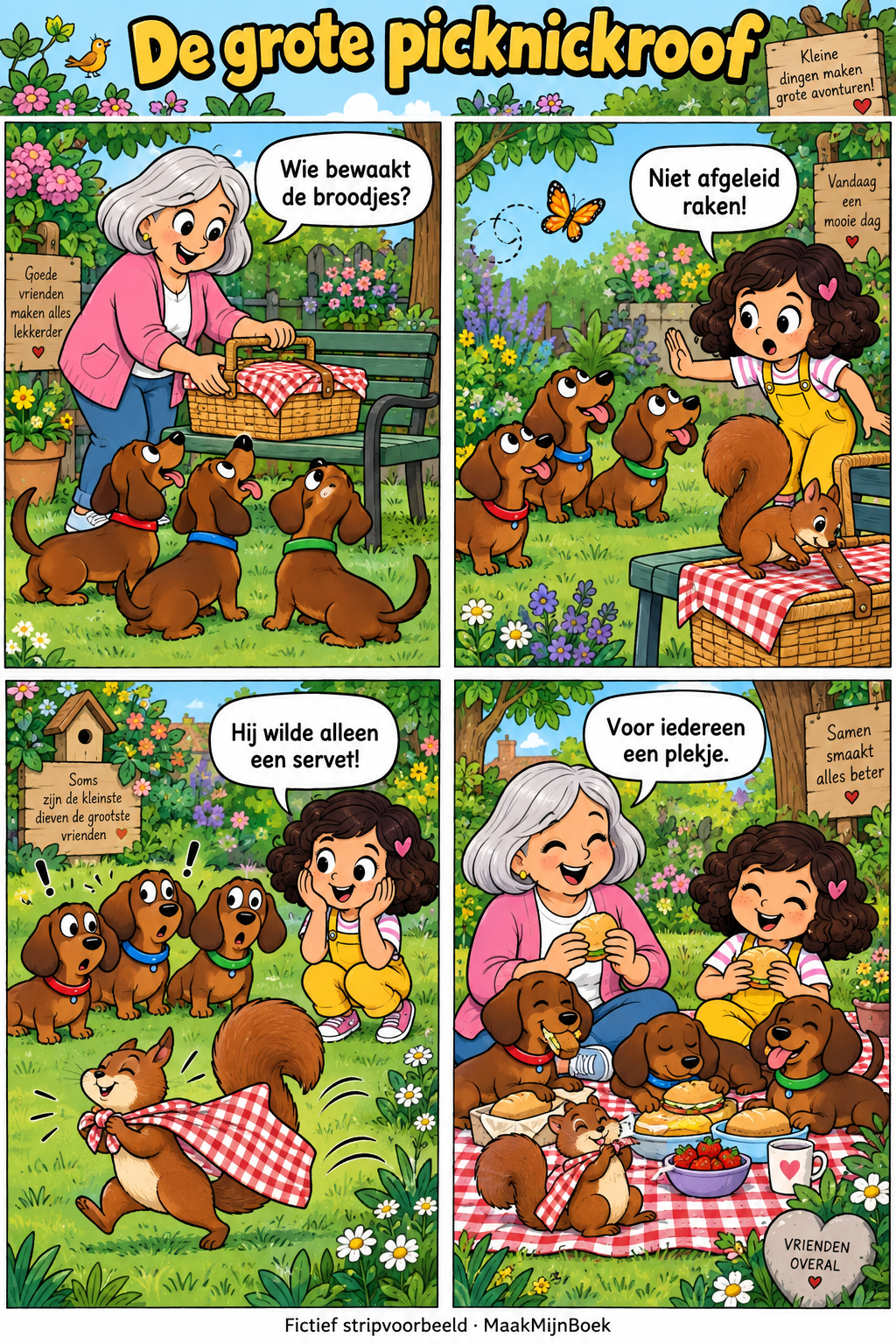 Voorbeeldstrip De grote picknickroof met oma, een meisje en drie teckels